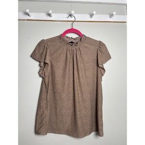 W5 Eyelet Flutter‎ Sleeve Smocked Mock Neck Blouse Women's L Boho